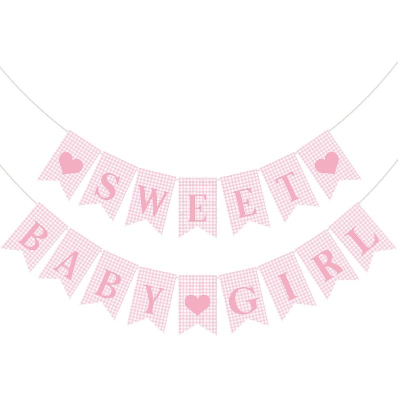 2 Pcs Pre Strung Pink Gingham Sweet Baby Girl Banner Pink Girl Baby Shower Banner Decorations for Gender Reveal Party Decor Supplies Table Wall