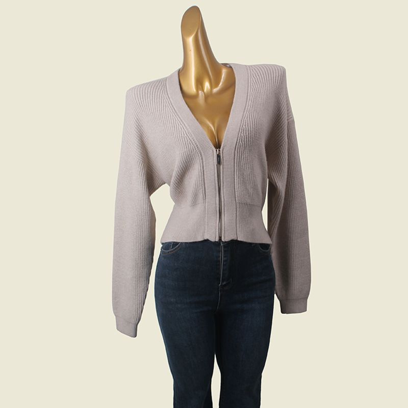 Stylish Metal Zipper V-neck Knitted Cardigan Outwear Women's High Waist Short Batwing Sleeve Outer Wear Slim Looking Tops Autumn