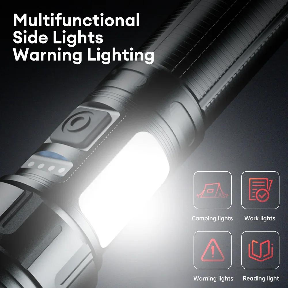 2000LM Powerful Zoom LED Flashlight with COB Side Lights 7 Modes Type-c Rechargeable Torch Lights Outdoor Emergency Lantern