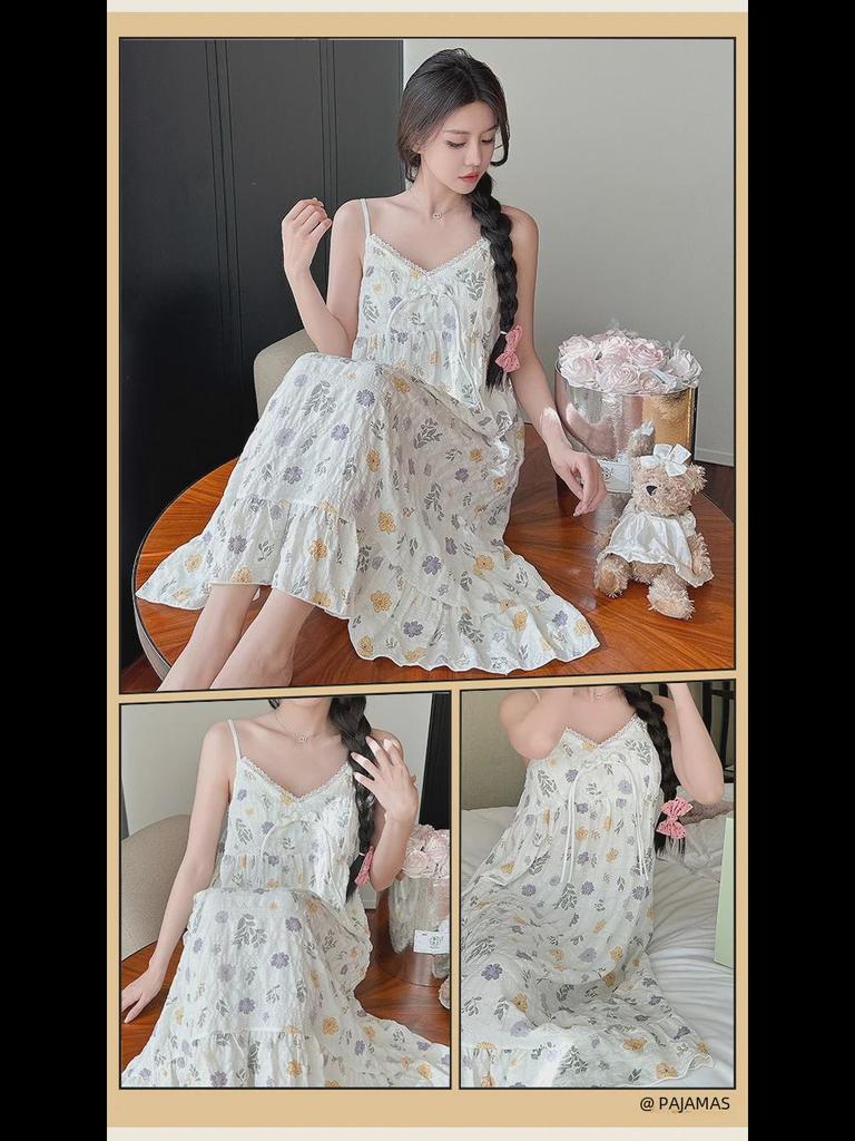 Летняя корейская ночная рубашка из тканого крепа с нагрудными подушечками - милая, тонкая, из чистого хлопка для женщин