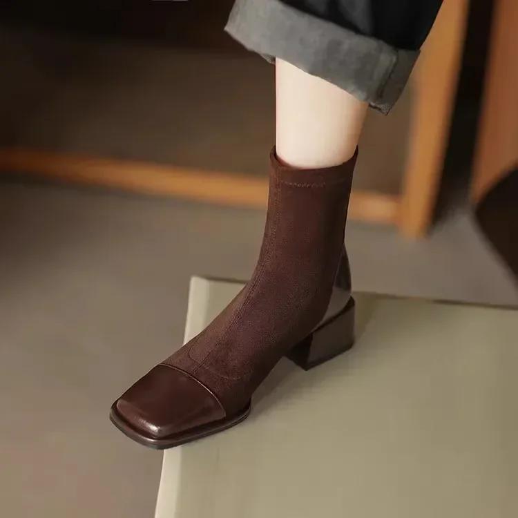 Модные женские туфли с квадратным носком и толстым каблуком, короткие сапоги, новые осенне-зимние лаконичные эластичные узкие туфли на высоком каблуке Zapatos De Mujer