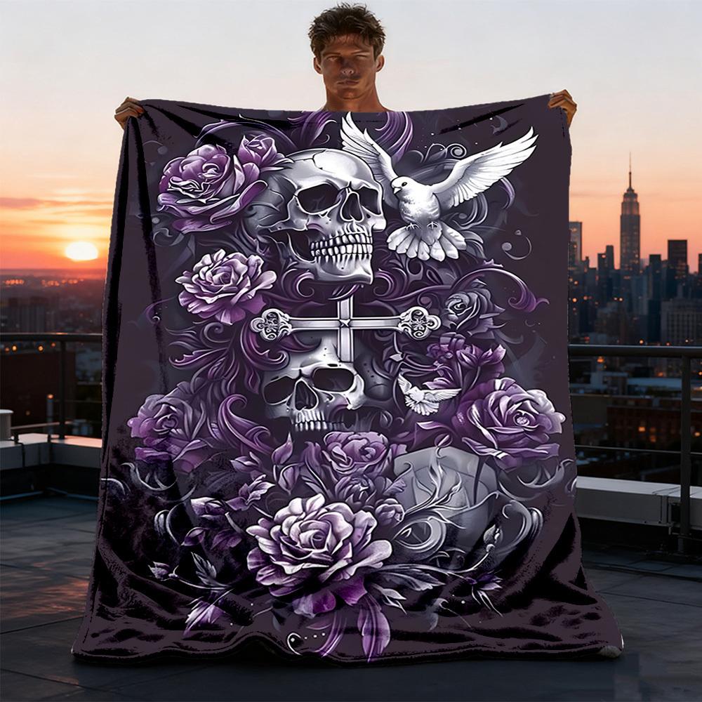 1pc Skull Roses Cross Outdoor Flannel Blanket , Machine Washable Perfect Gift for Birthday , Holiday Travel Accessory , Durable Material