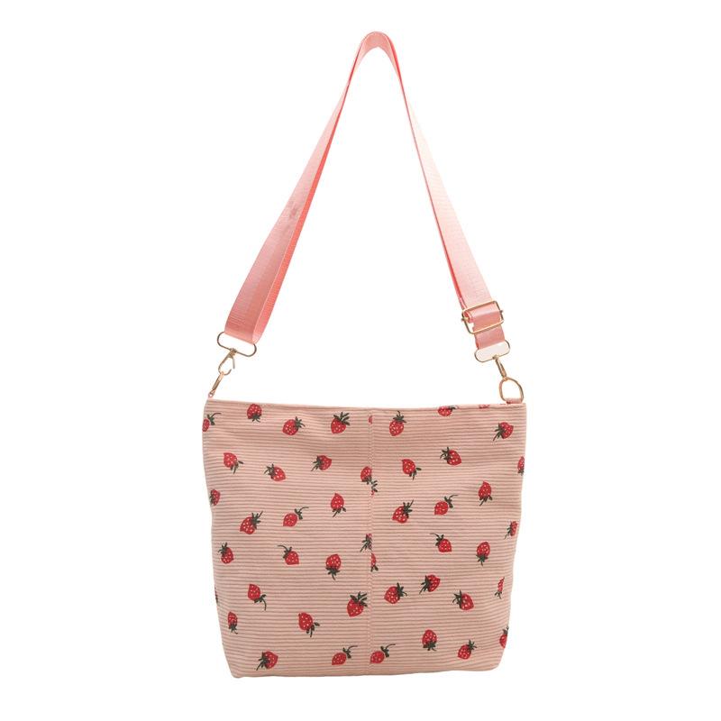 Popular Corduroy Strawberry Printed Bag Women'S Summer Shoulder Messenger Bag Bucket Bag