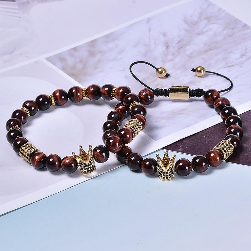 8mm natural red tiger eye woven bracelet, micro inlaid zircon, crown bracelet, jewelry, Christmas gift, Stocking stuffers, Valentine's Day gift