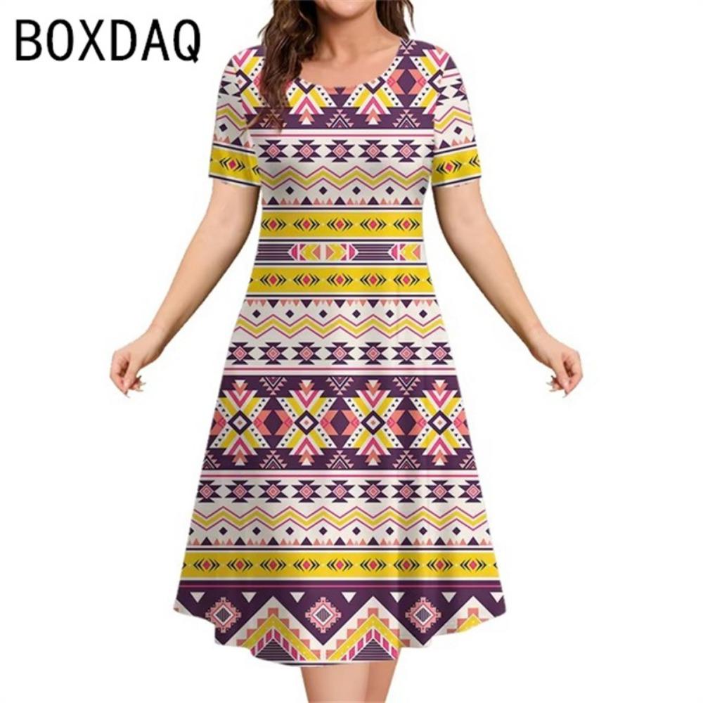 Элегантное А-силуэтное платье 3XL, женское, с коротким рукавом, круглым вырезом, повседневное, с винтажным этническим стилем, оверсайз, с принтом в виде букв