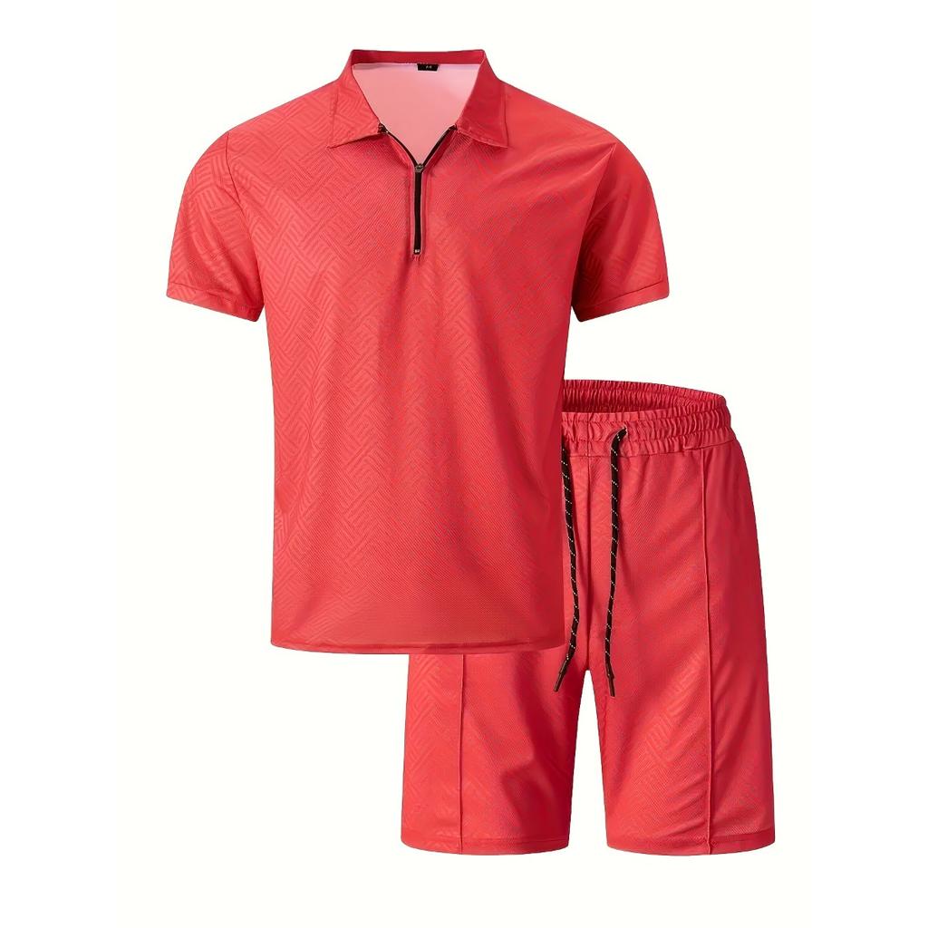 Мужской повседневный костюм с тропическим принтом - черная рубашка с коротким рукавом на молнии и белые шорты с карманами, полиэстер, машинная стирка