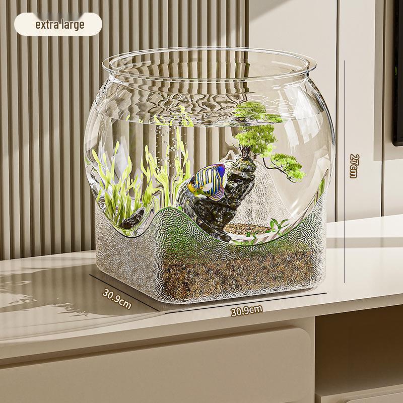Compact Desktop Ecosystem Tank: Round Bottom, Ideal for Living Room or Study, Includes Decorative Micro Landscape and Small Fish Aquarium.