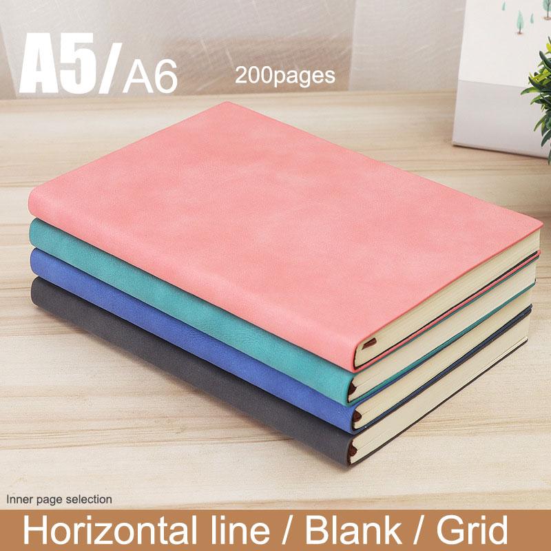 A5/A6 Soft Leather Diary Notebook Horizontal/Blank/Checkered Notebook Classroom Pocket 200pages Notebook