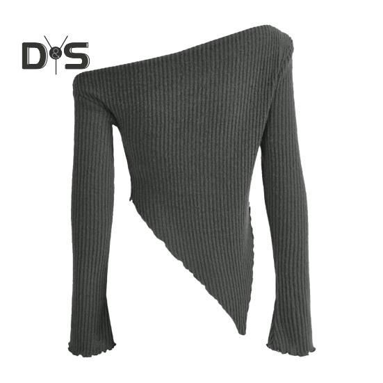 Women Knitting Tops Sexy Sloped Shoulder Collar Irregular Hem Pullover Tops Solid Color Ribbed Blouse