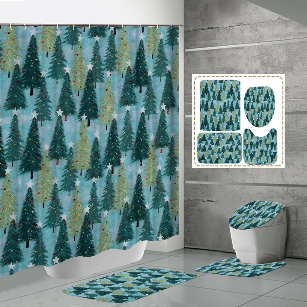 4 ШТ. Наборы штор для душа со шторкой для душа и ковриками, коврик для крышки унитаза, U-образный коврик и коврик для ванной, набор для ванной комнаты с 12 крючками