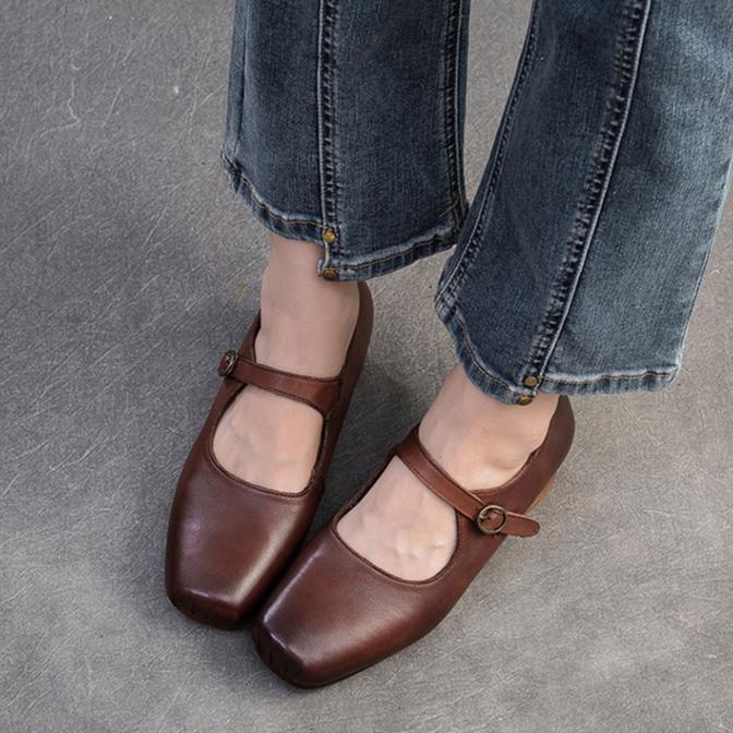 Johnature Туфли-лодочки из натуральной кожи с квадратным носком и пряжкой, модные однотонные женские туфли на среднем каблуке