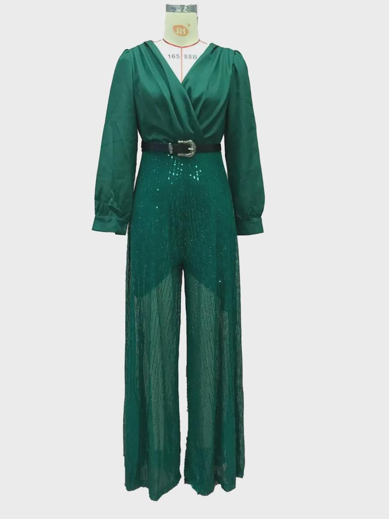 Модные женские французские брюки с широкими штанинами, платье с V-образным вырезом и длинными рукавами, с пайетками на талии, для весны и осени