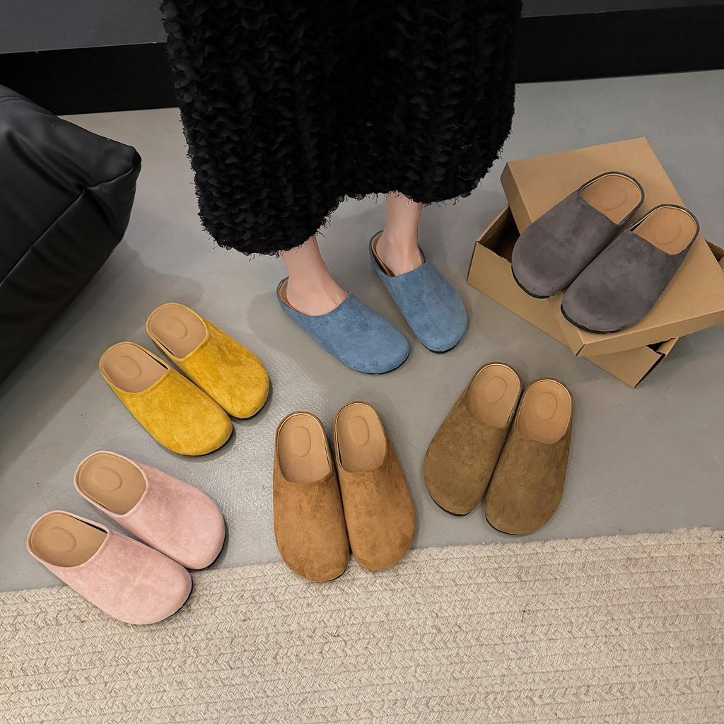 Fashion Spring Round Toe Cork Clogs Slippers for Women Outdoor Cork Footbed Flat Heels Mules Shoes Woman Plus Size Suede Slides Female