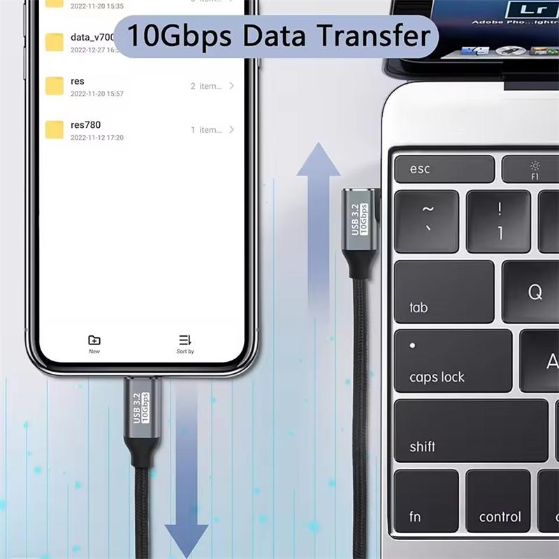 Удлинительный кабель USB C под углом 90 градусов, передача питания 100 Вт, передача данных 10 Гбит/с, USB 3.1 Gen 2, плетеный кабель «папа-мама»