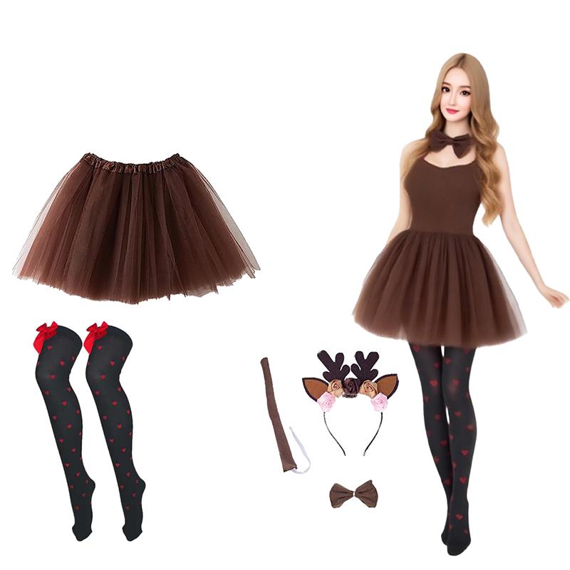 PESENAR Reindeer Costume Adult Tutu Skirt with Reindeer Headband Temporary Tattoos Socks Deer Cosplay Costume Christmas Fancy