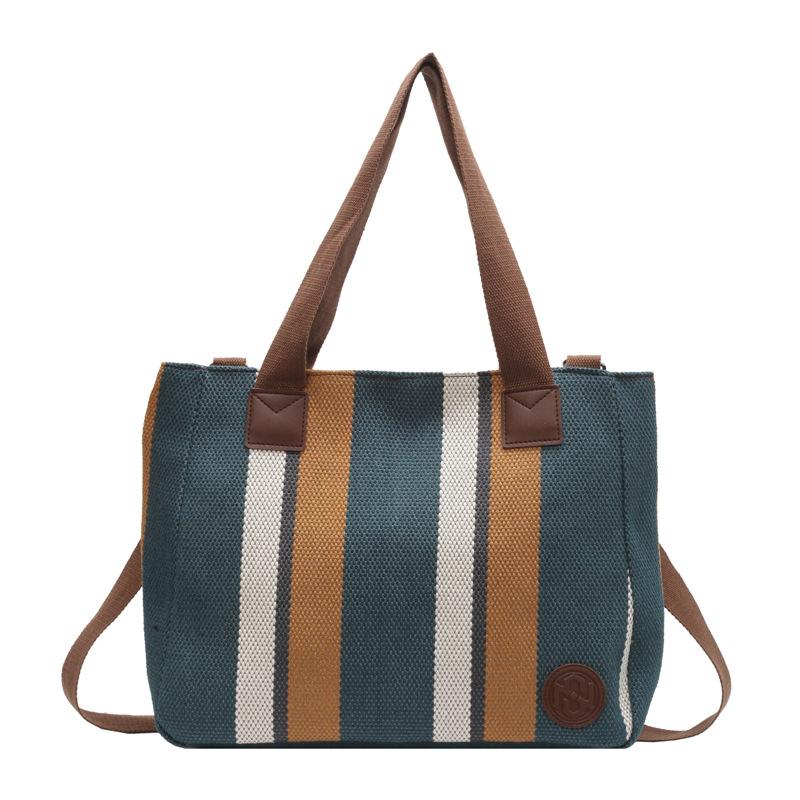 Big Bag Women's 2025 New Fashion Striped Canvas Bag Foreign Style Portable Tote Bag Trendy Shoulder Messenger Bag