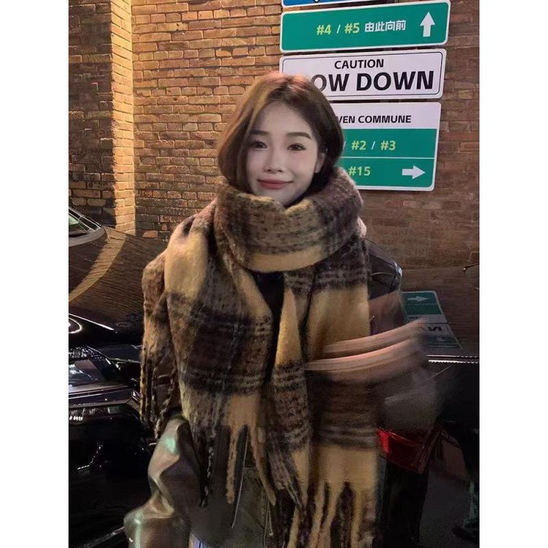 Atmospheric Blue Plaid Scarf for Women In Autumn and Winter Retro Mohair Warm and Thickened Long Tassel Shawl Scarf