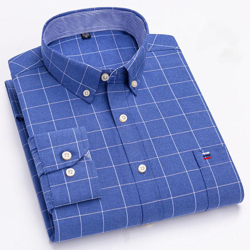 Oxford Men Fashion 100% Cotton Thin Long Sleeve Casual Slim Solid Color Plaid Print Stripe Formal Dress Shirt Plus Size