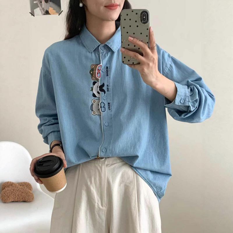 Женская ретро джинсовая рубашка с вышивкой в стиле мультфильмов - Хлопок, с длинным рукавом, повседневный топ на весну/осень 2025