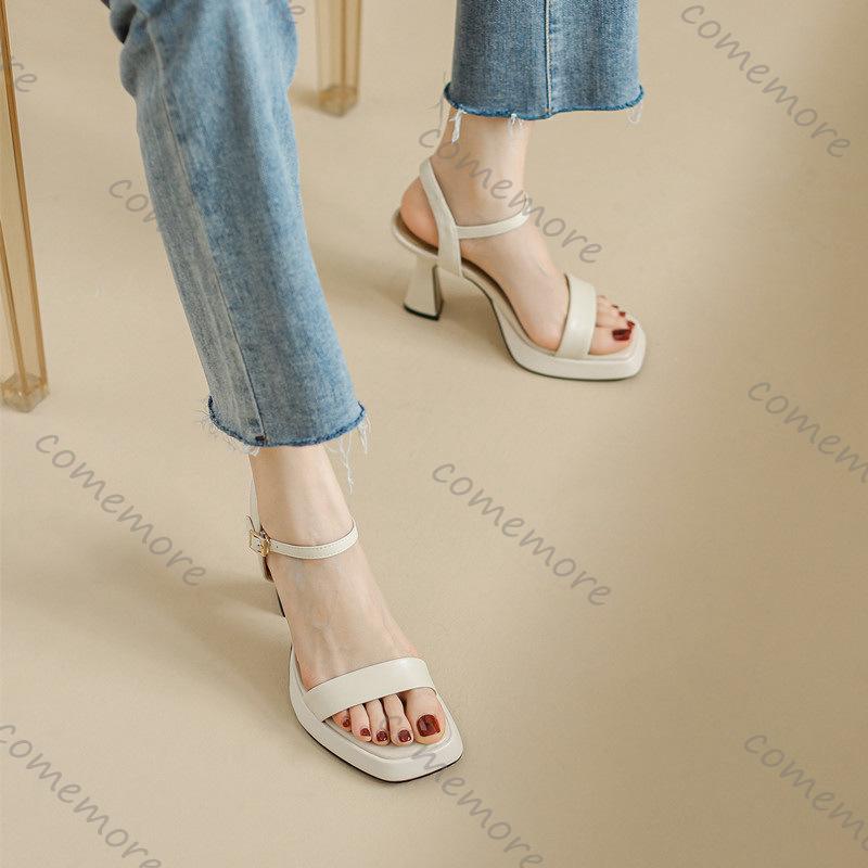 Отпразднуйте 2025 Лето Новые Женские Босоножки на Высоком Каблуке Сладкий Стиль Сексуальный Толстый Каблук Открытый Носок Бежевый Черный Sandales Femmes