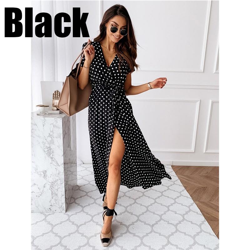 Летнее богемное платье с v-образным вырезом и короткими рукавами в горошек, модная сексуальная повседневная длинная юбка