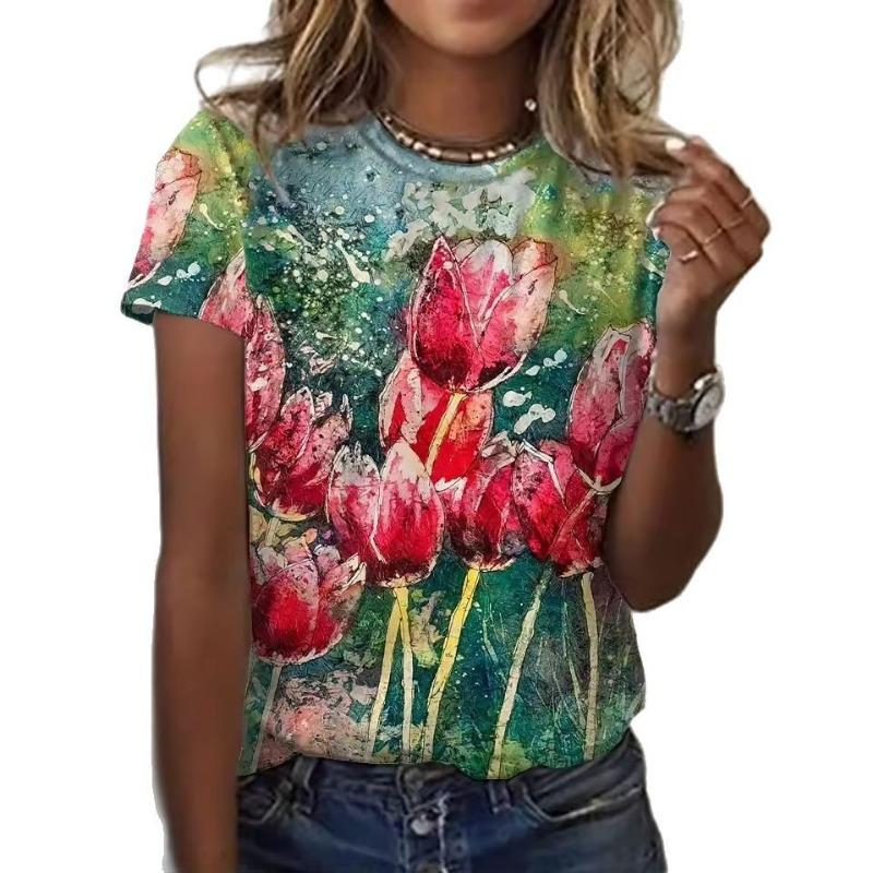 Summer Round Neck 3D Flower Print Top Fashionable Casual Short Sleeved Women's T-shirts