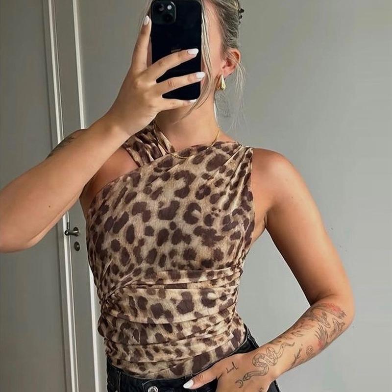 Leopard Print Asymmetrical Slim Fit Pleated Mesh Jumpsuits Women Sexy Rompers Street Fashion Sleeveless Women Bodysuits Casual Elegant Jumpsuit 26143