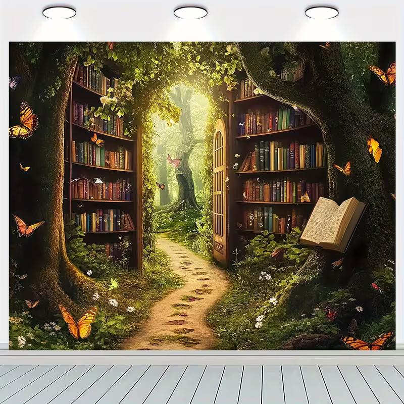 2D Whimsical Book & Butterfly Forest Photography Background