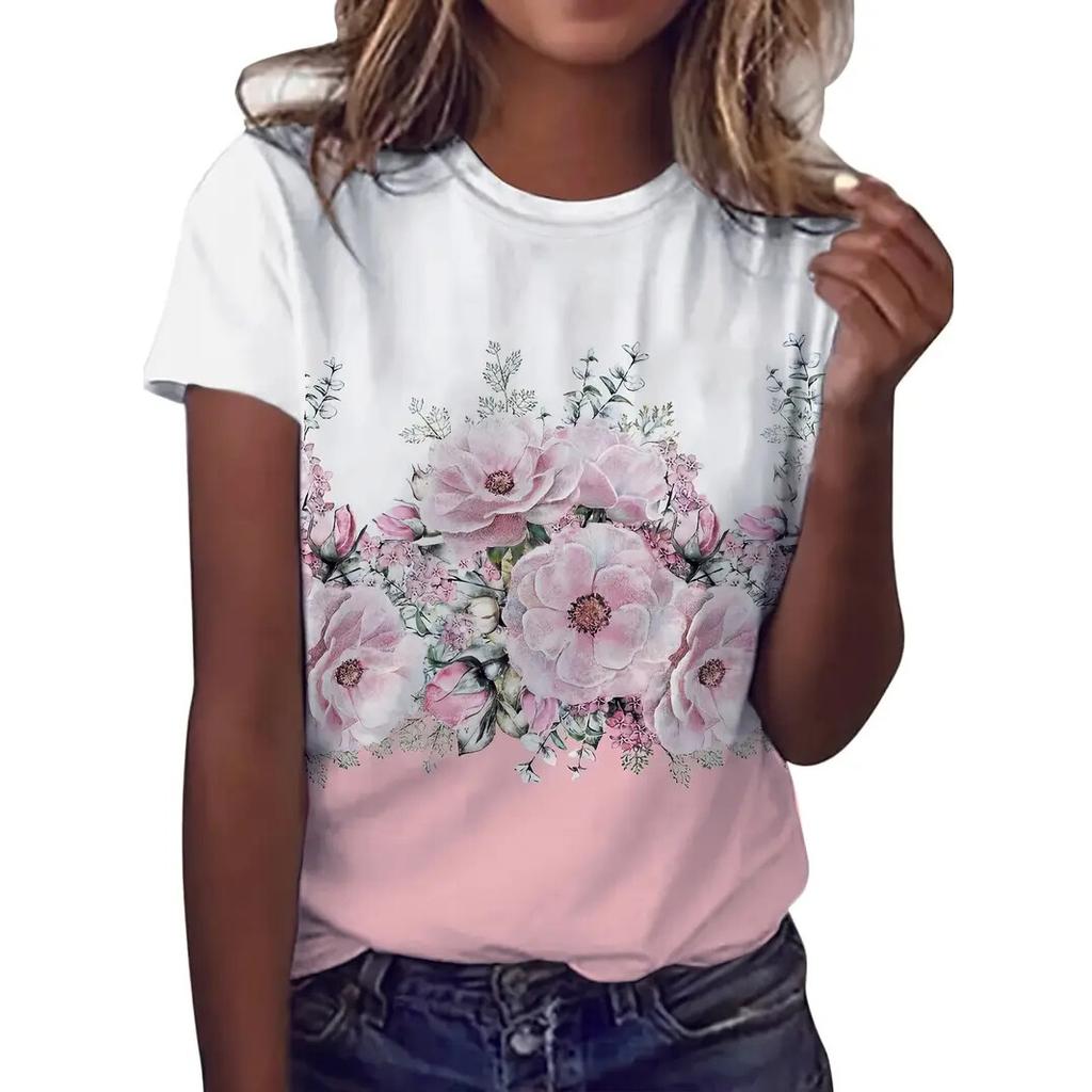 Летняя женская футболка с цветочным принтом, повседневная, с коротким рукавом, с круглым вырезом, футболки, уличная мода, топы, одежда для активного отдыха