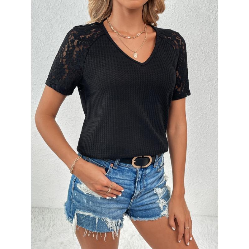 Summer Short Sleeve Hollow Lace V-neck Women Blouse Loose Casual T-shirt Short Sleeved Office Top Loose Fashion Elegant Solid Color Shirt Clothing
