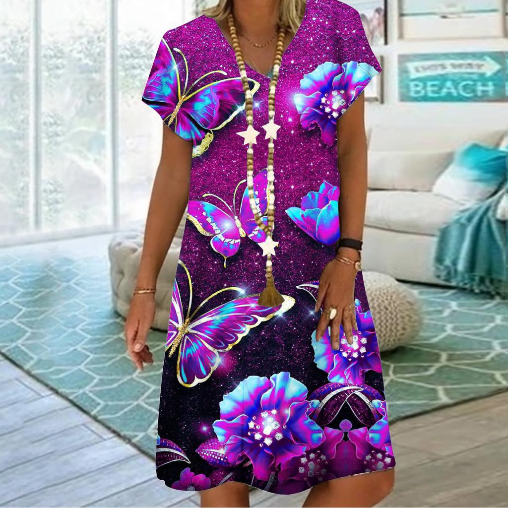 Летнее модное платье с v-образным вырезом, женское платье с коротким рукавом и принтом бабочки и луны, свободное повседневное платье для женщин