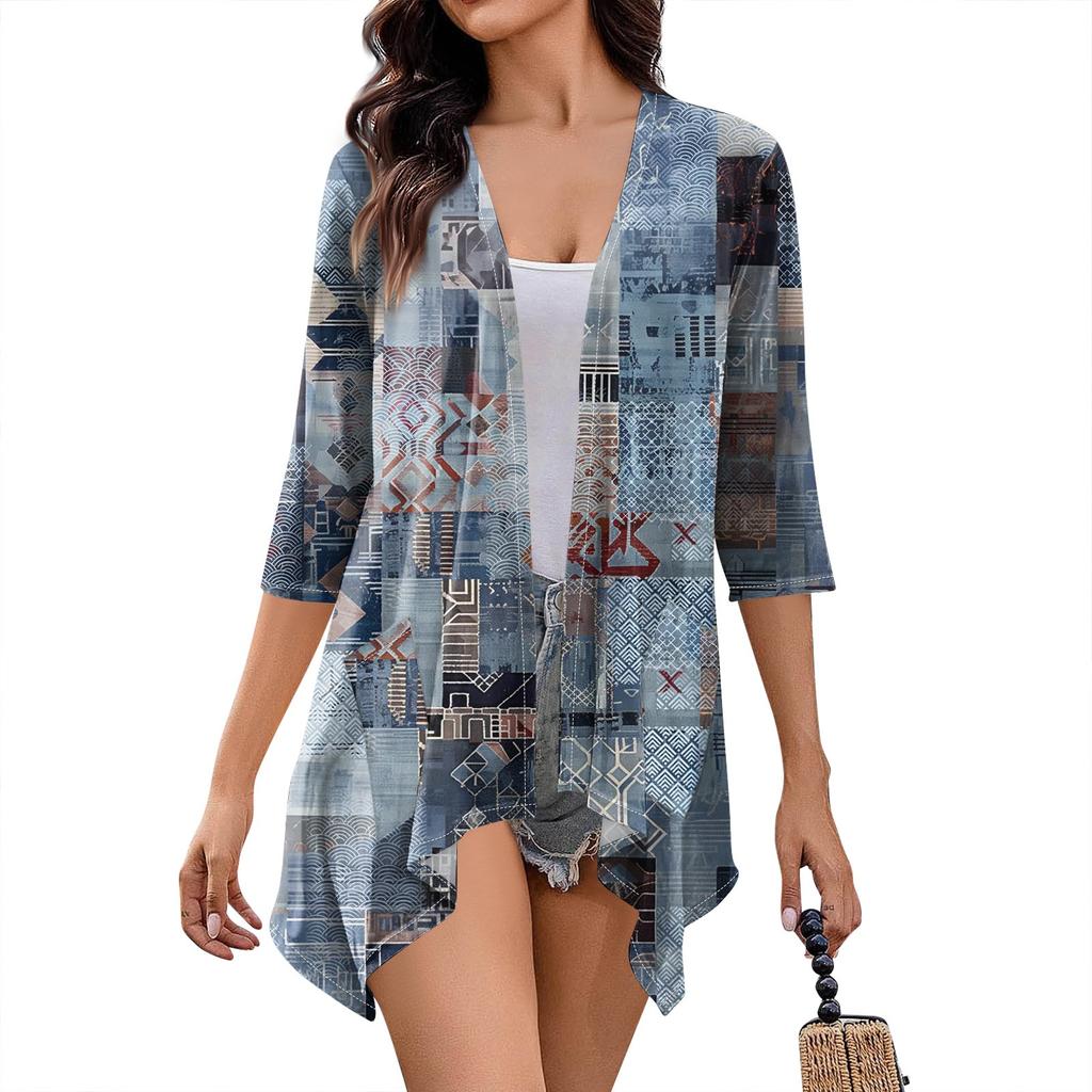 Женский кардиган с нестандартным принтом и рукавами 3/4, повседневная накидка с карманами