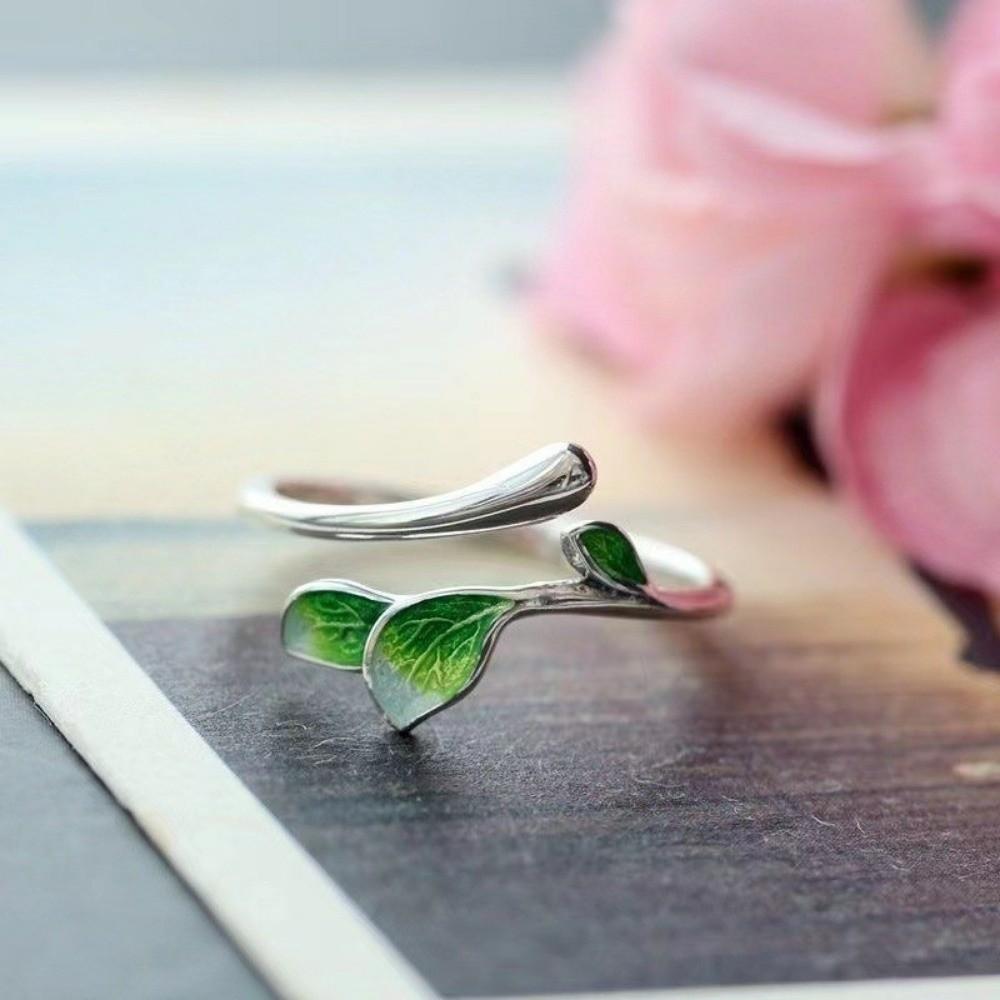 Adjustable Enamel Leaf Ring Oil Drop Women's Ring Elegant Leaf Opening Ring  Gifts
