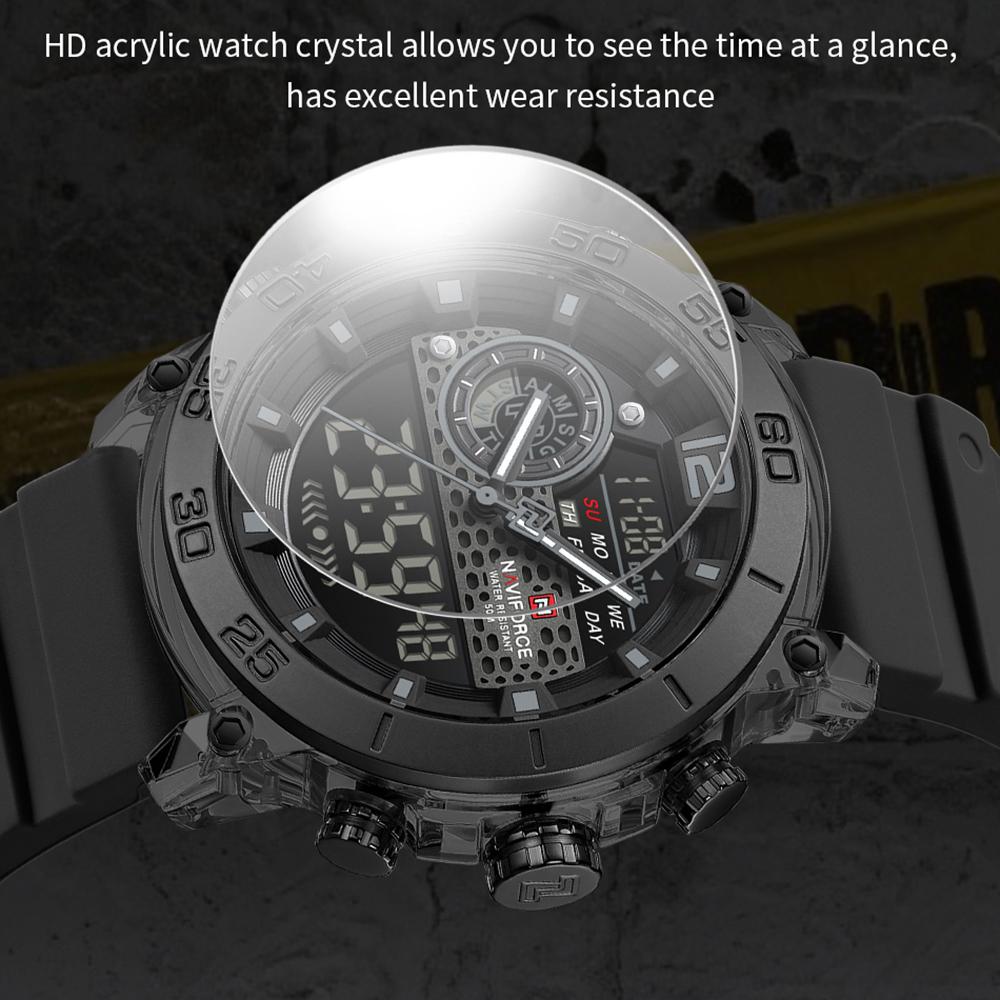 Naviforce Мужские спортивные часы Кварцевый механизм ЖК-цифровые часы Дата День Хронограф Водонепроницаемый силиконовый ремешок Мальчики Многофункциональные часы NF6104