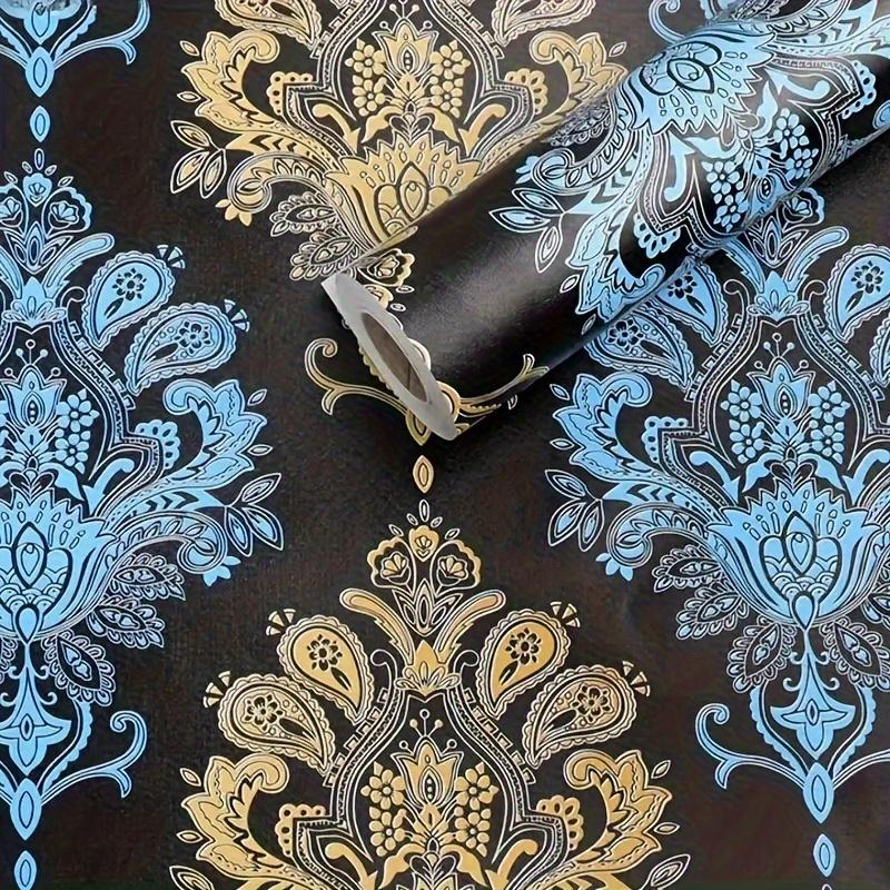 1 рулон самоклеящихся синих и желтых обоев с цветочным узором в европейском стиле — самоклеящиеся обои для легкого обновления мебели и потрясающего декора стен