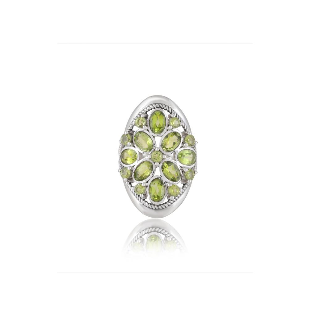 Sterling Silver Multi Stone Peridot Ring - Cluster Green Gemstone Statement Ring with Rope Border - August Birthstone Jewelry for Women