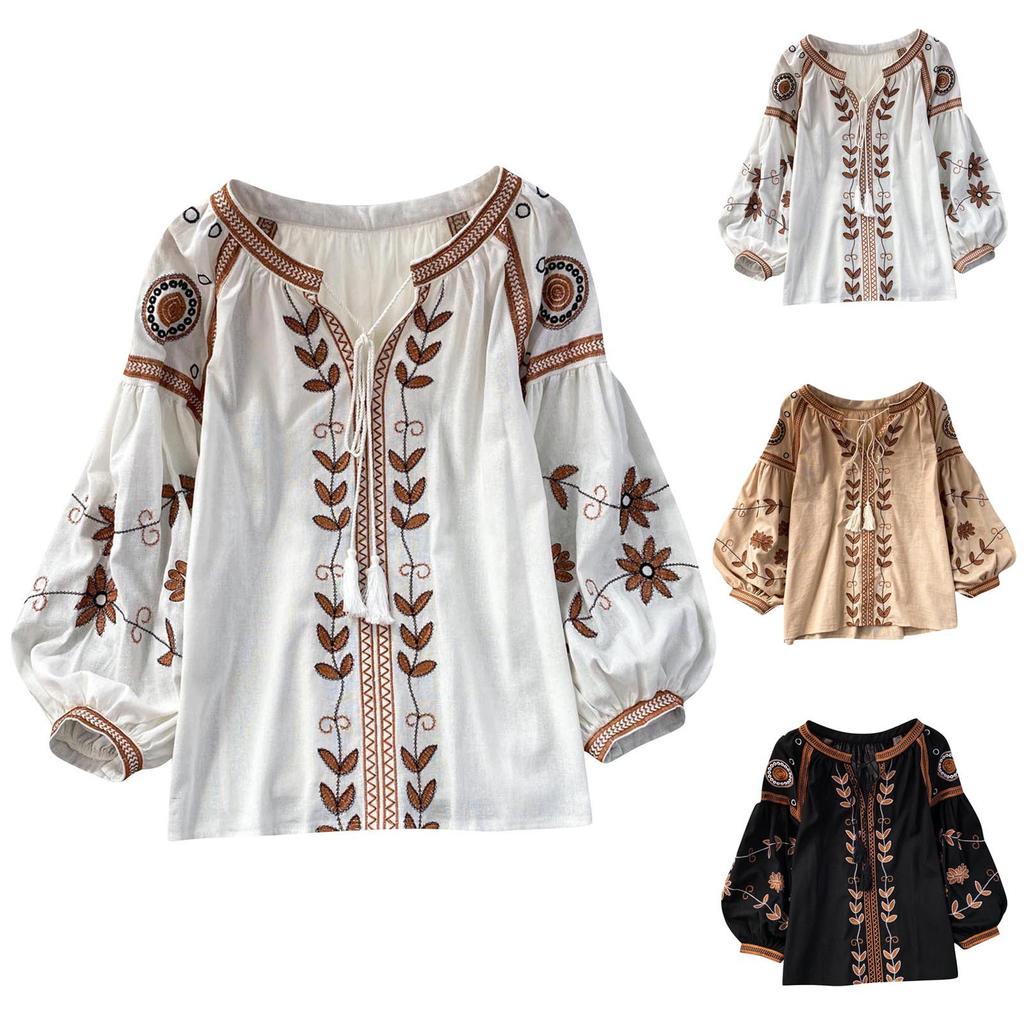 Women's Three Quarter Sleeve Round Neck Loose Embroidered Cotton Linen Pullover Shirt Casual Top