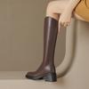 Krazing Pot ПУ осенне-зимняя обувь на толстом высоком каблуке, сапоги для верховой езды с квадратным носком, европейский стиль, сохраняющие тепло, высокие сапоги