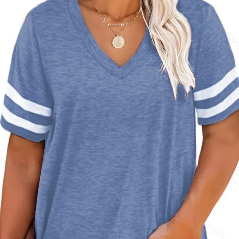 Футболка больших размеров с цветным V-образным вырезом, женская, слегка эластичная, с коротким рукавом, повседневная футболка больших размеров, женская одежда больших размеров