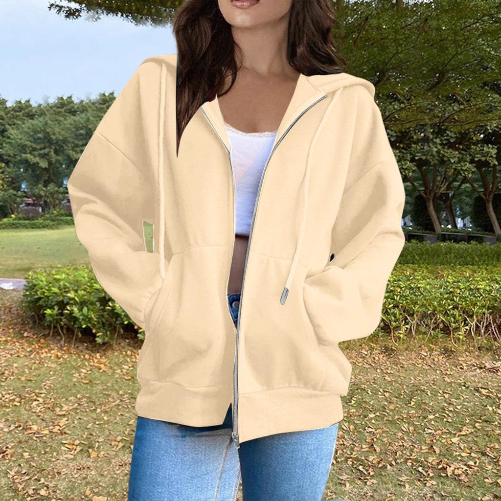 Women's Casual Fashion Solid Color Long Sleeved Zippered Hooded Sweatshirt