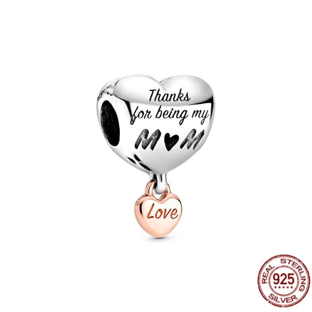 Аутентичные стерлингового серебра 925 пробы Love You Mom Heart Шарм из бисера подходит для милого модного браслета ювелирных украшений в подарок для женщин