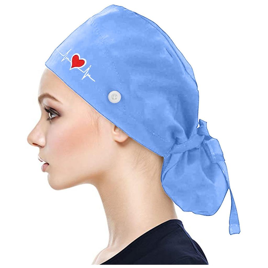 Scrub Cap With Buttons Bouffant Print Hat With Sweatband for Womens and Mens