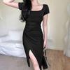Женское летнее облегающее платье с французским квадратным вырезом, разрезом и плиссировкой, 2024