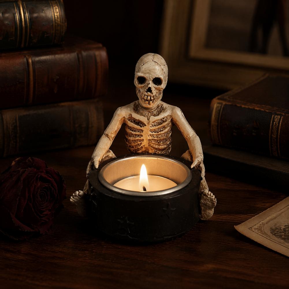 Detailed Skeleton Broom Decoration Halloween Witch Skull Resin Candle Holder Spooky Star Tealight Stand with Metal for Haunted