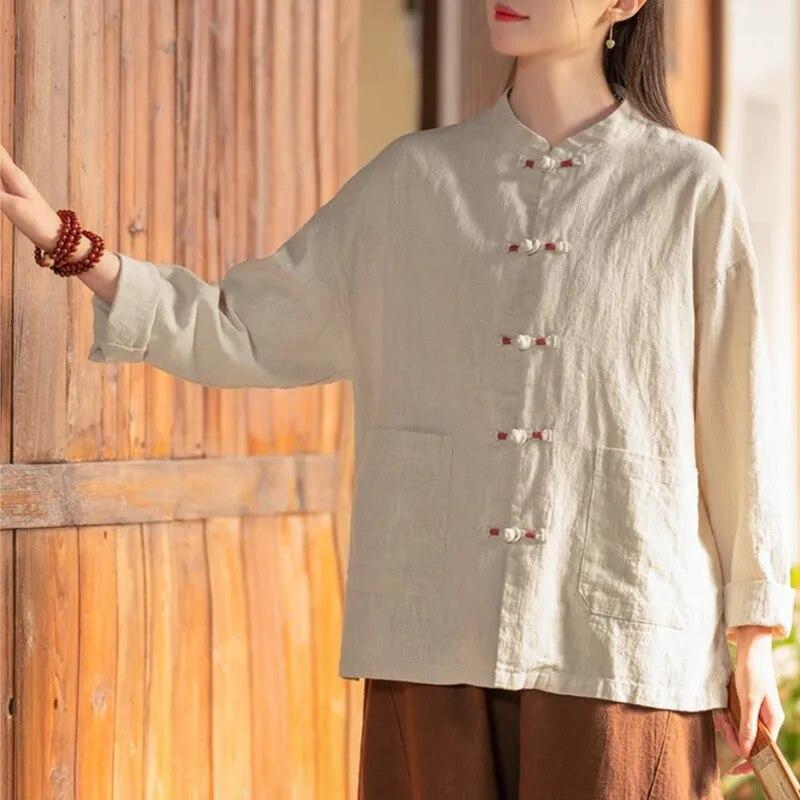 Johnature Женские рубашки в китайском стиле, топы с длинными рукавами и пуговицами, однотонные блузки, весенние свободные рубашки