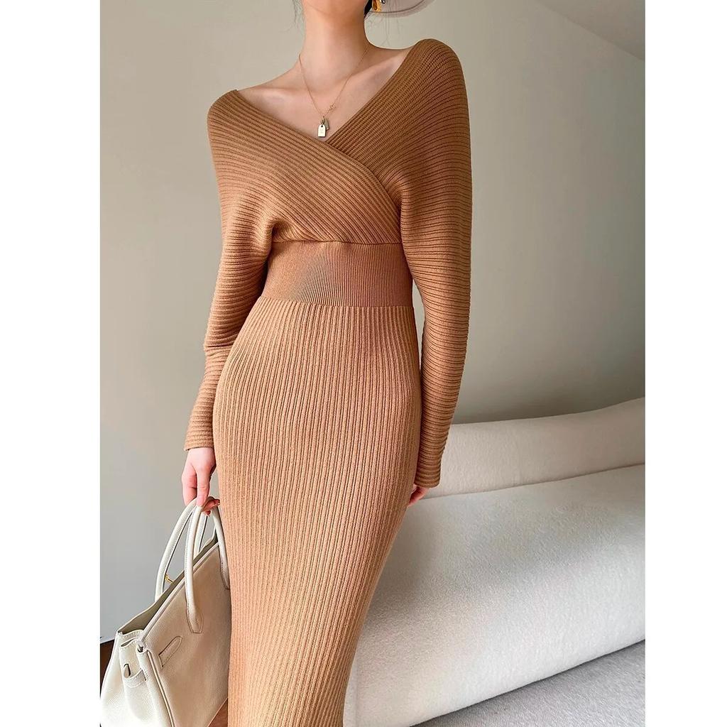 Knitted Sweater Dress Women Autumn Winter V-neck With Long Slim Knit Dresses Female High Waist Elegant Evening Party Dress