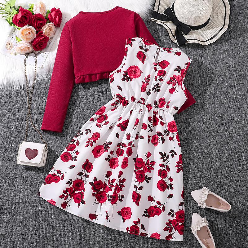 Комплект одежды для девочек 2025 г. Летнее детское платье с принтом, длинный рукав, вязаный кардиган