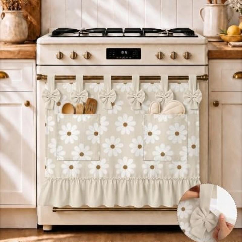 Oven Curtain With Pocket Hook-and-Loop Skirt Cherry Bow Decorative Kitchen Door Drape