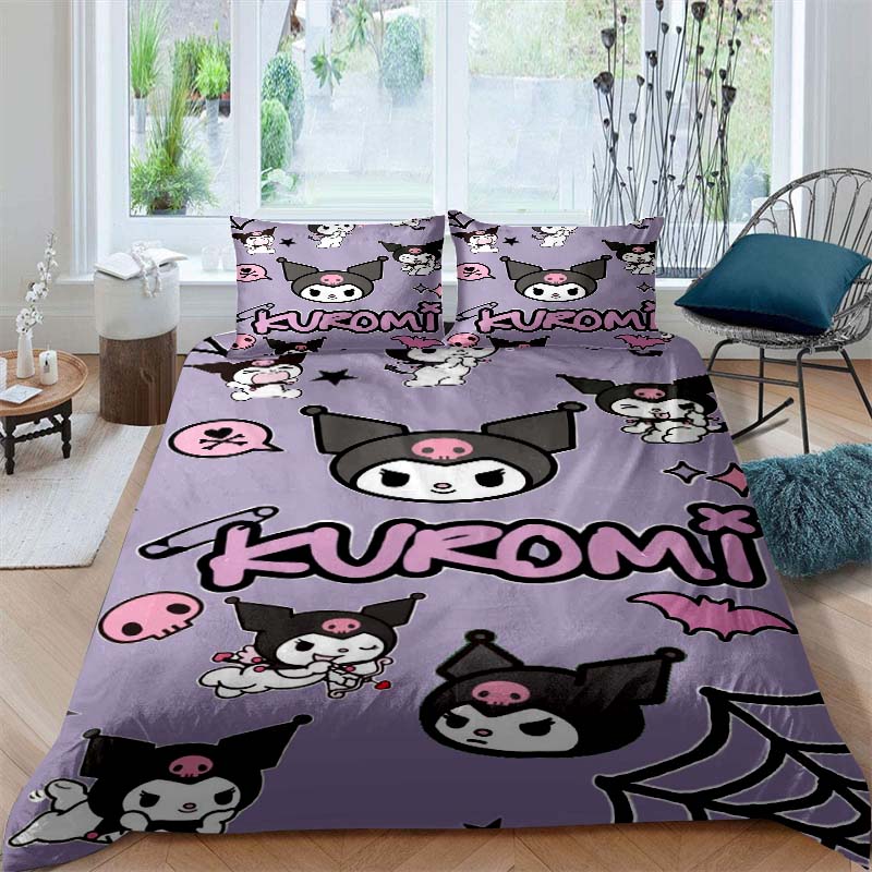 3D Printed Kuromi Cartoon Three-piece Bedding Set, Duvet Cover Set, Includes Pillowcases, No Filling.
