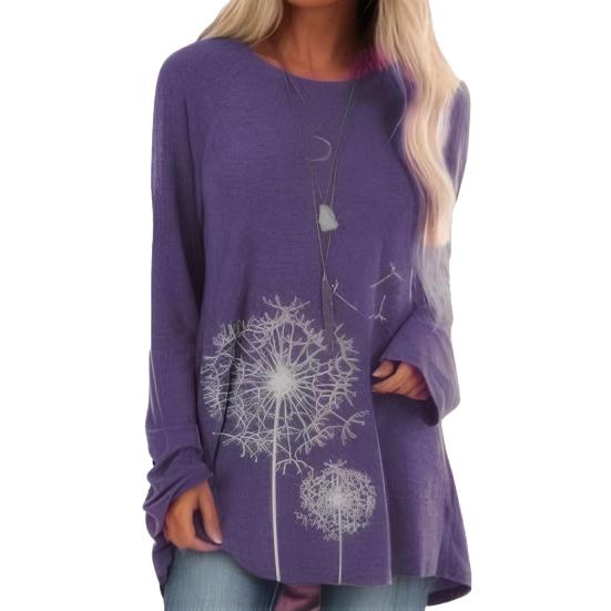 Женская туника больших размеров с принтом одуванчика, удлиненная рубашка с круглым вырезом и длинными рукавами, футболка-пуловер свободного кроя для работы, повседневной жизни